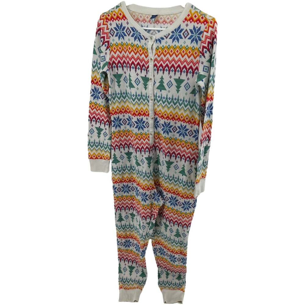 Old Navy Thermal Knit One-Piece Pajamas Waffle Festival Fair Isle Rainbow M - Picture 2 of 6